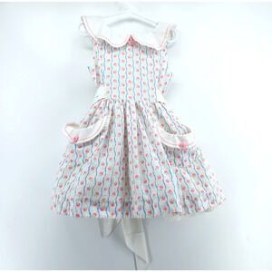 Vintage 4T Handmade Cottage Core Pinafore Dress Pockets Lace Rosette Petticoat